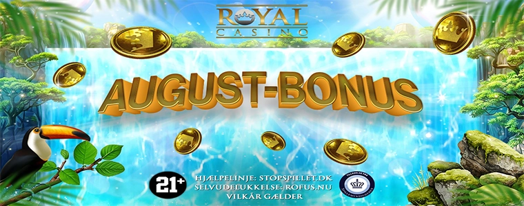 Få en 100% match bonus op til 100 kr med august månedbonus hos Royal Casino